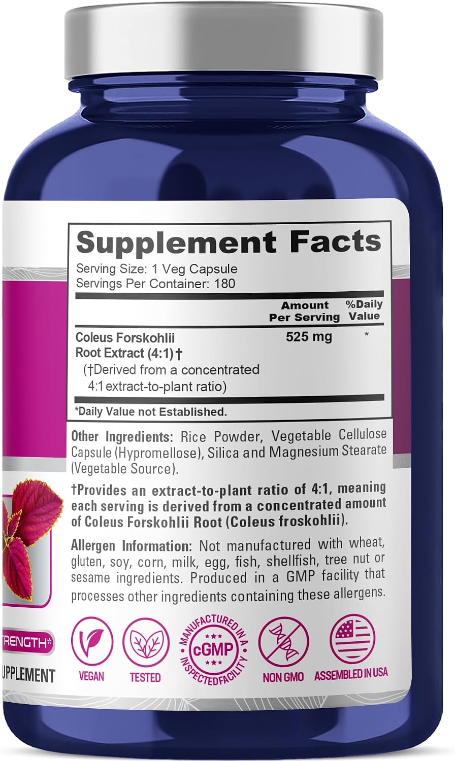 NusaPure Forskohlii Cápsulas, 525 mg, 180 Cápsulas Vegetales (No-GMO, Vegano)