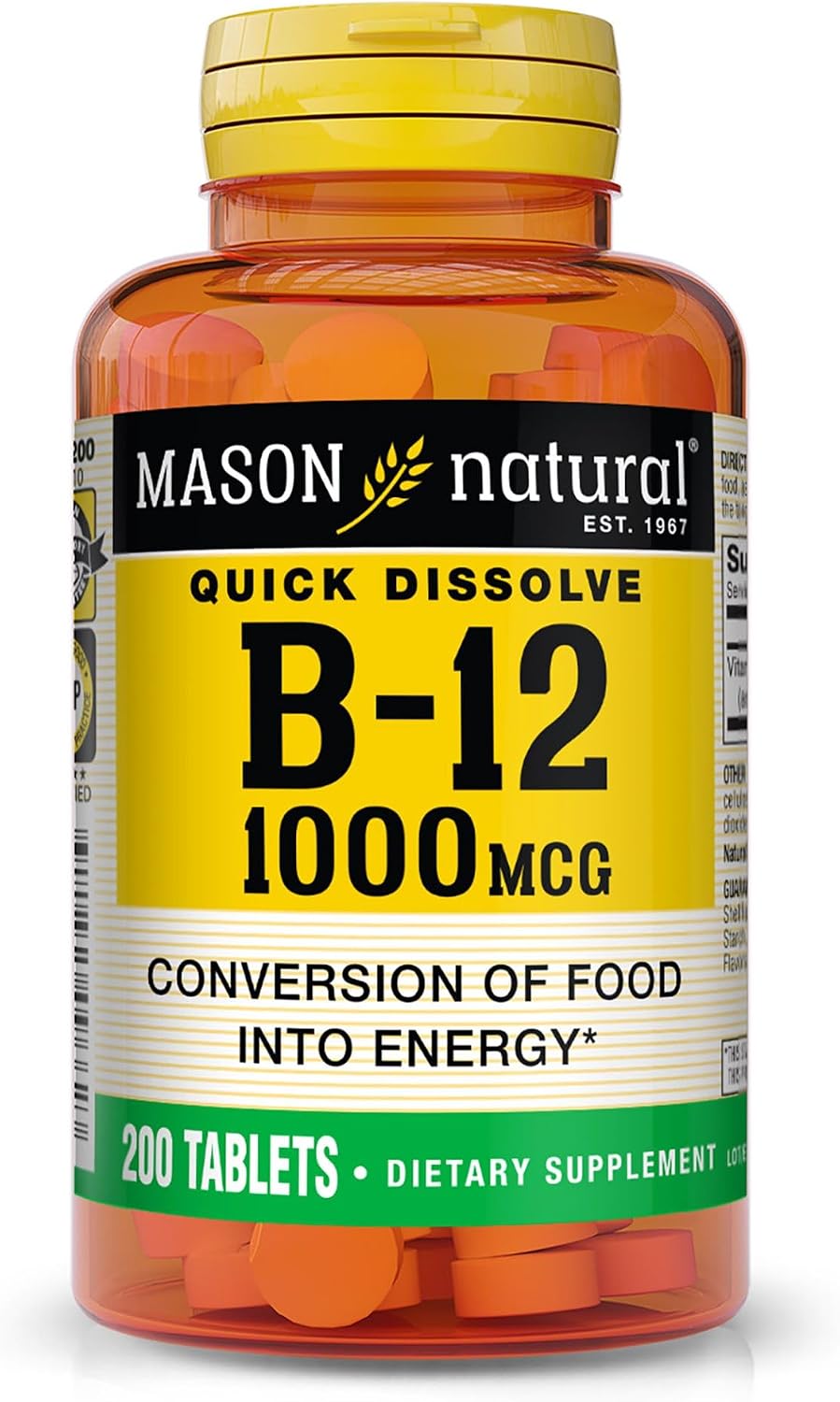 MASON NATURAL Vitamina B12 1000 mcg Comprimidos de Disolución Rápida, 200 Comprimidos