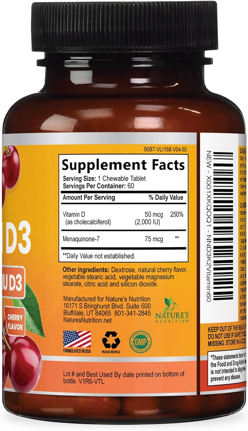 Vitamina D3 K2 2000 UI con MK-7 - 60 Comprimidos Masticables Sabor Berry
