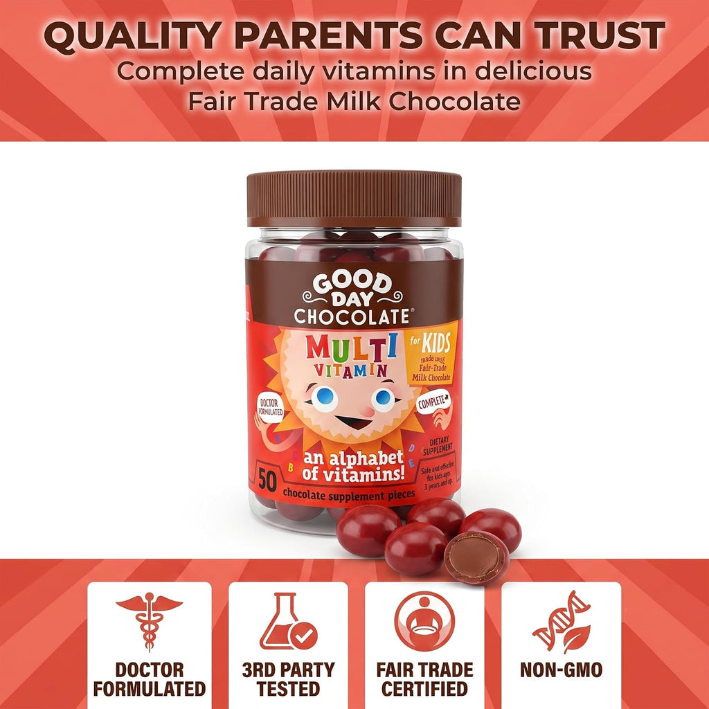 Good Day Chocolate Multivitamínico Completo para Niños – Suplemento Diario con Vitaminas A, B6, B12, C, D, E, Folato y Biotina, Chocolate de Comercio Justo y Sin OGM, 50 Piezas
