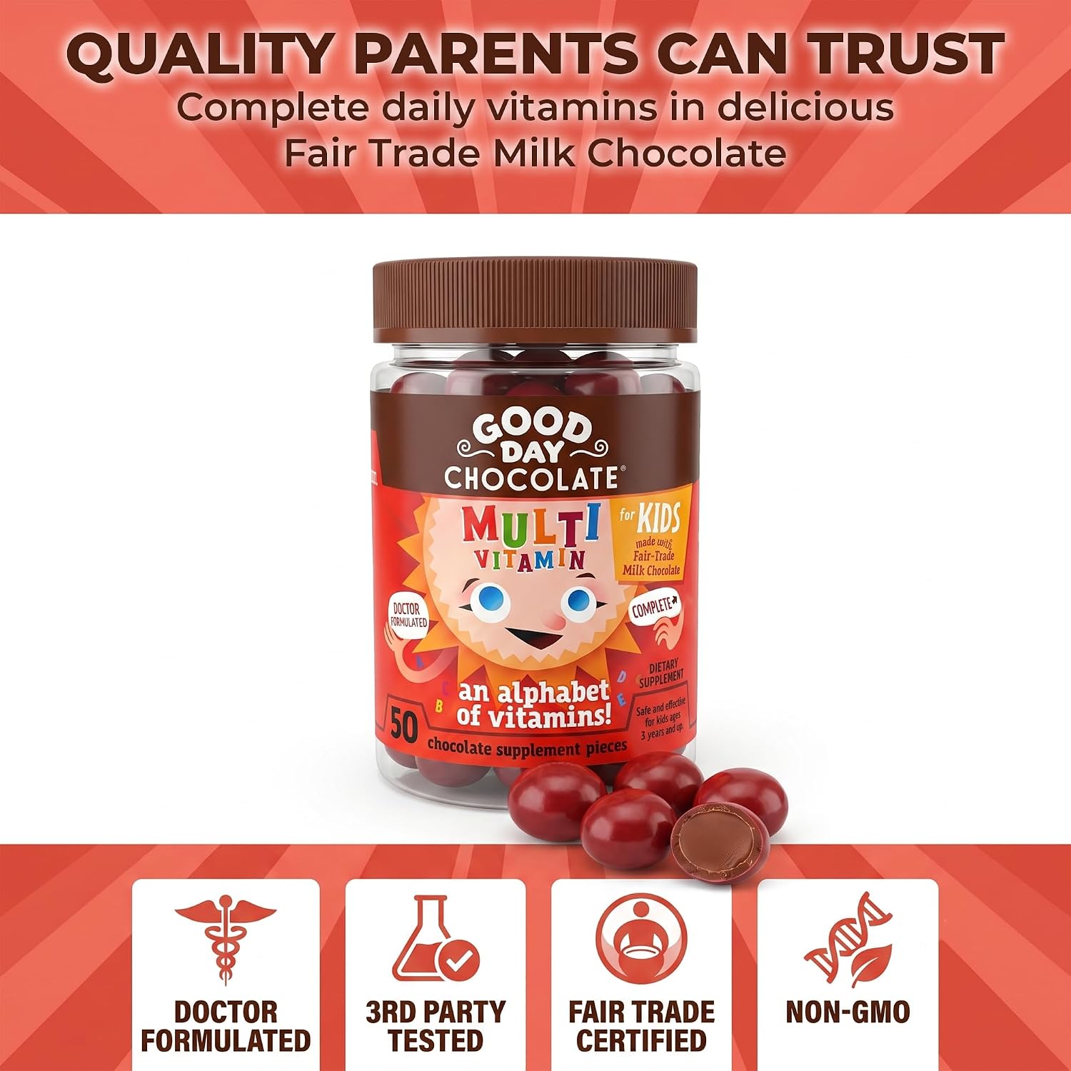 Good Day Chocolate Multivitamínico Completo para Niños – Suplemento Diario con Vitaminas A, B6, B12, C, D, E, Folato y Biotina, Chocolate de Comercio Justo y Sin OGM, 50 Piezas