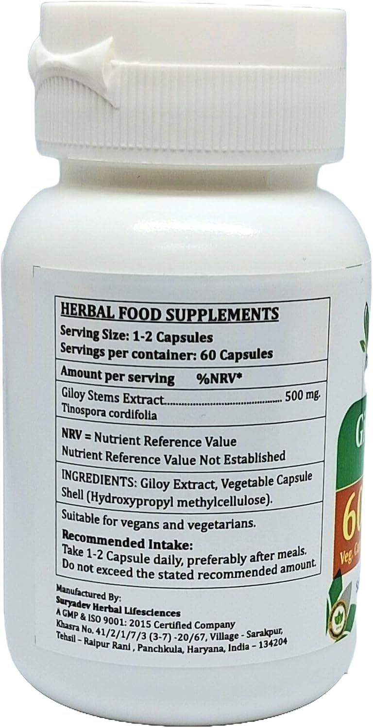 Giloy Forte 500 mg - 60 Cápsulas Veganas - Extracto de Guduchi (Tinospora Cordifolia) - Suplemento Ayurvédico