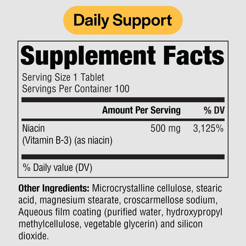 PureFormulas Pure Niacin - Vitamina B3, 500 mg Liberación Inmediata - Ácido Nicotínico - 100 Comprimidos - No OGM