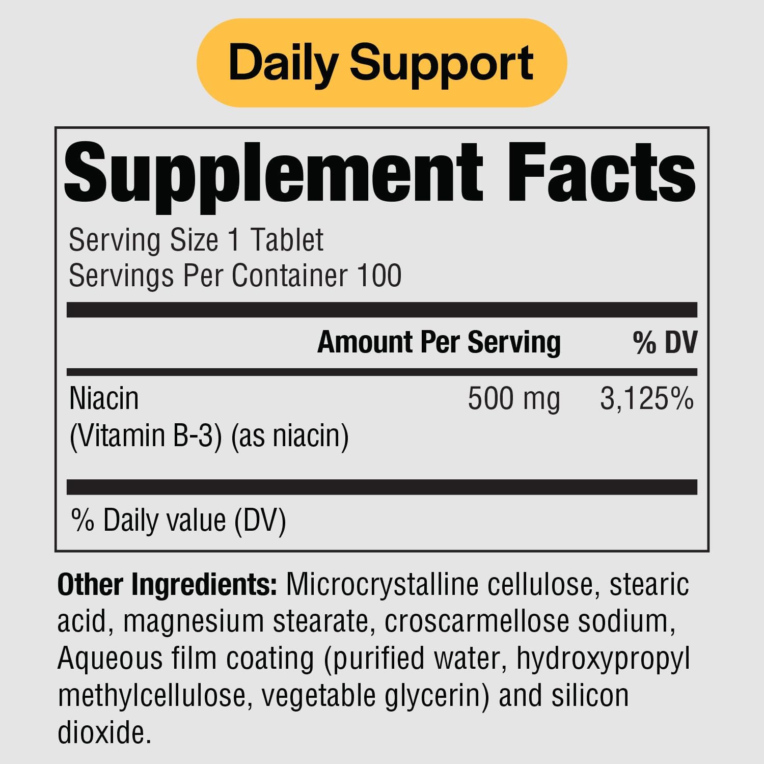 PureFormulas Pure Niacina - Vitamina B3, 500 mg Liberación Inmediata, 100 Comprimidos