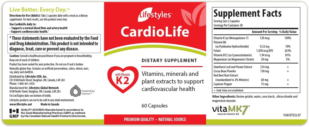 Intra Lifestyles CardioLife Supplement - Apoyo Cardíaco Herbal con Vitamina K2 (MK7), Ácido Fólico, Remolacha, Cayena y Más – 60 Cápsulas