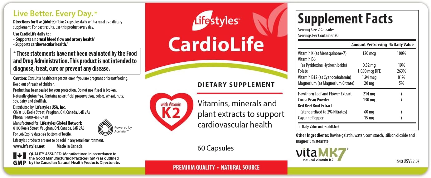 Intra Lifestyles CardioLife Supplement - Apoyo Cardíaco Herbal con Vitamina K2 (MK7), Ácido Fólico, Remolacha, Cayena y Más – 60 Cápsulas