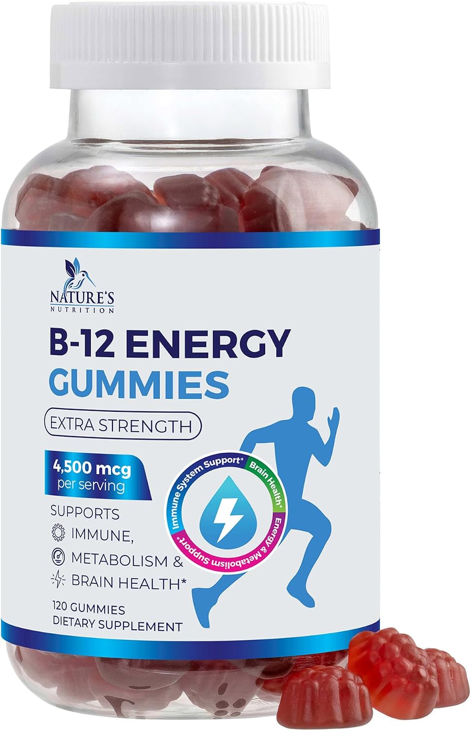 Nature's Nutrition B12 Energy Gummies - 4500 mcg Vitamina B12 - Gomitas Extra Fuertes para Energía, Metabolismo y Sistema Inmunológico - Sabor Natural a Bayas - 120 Gomitas