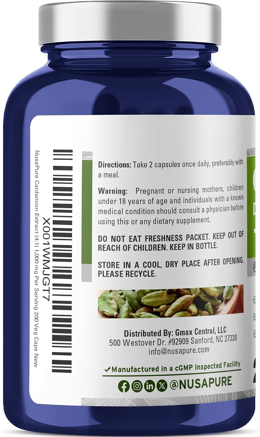 NusaPure Cápsulas de Cardamomo, 1000 mg, 200 Cápsulas Veganas (No OGM, Vegano)