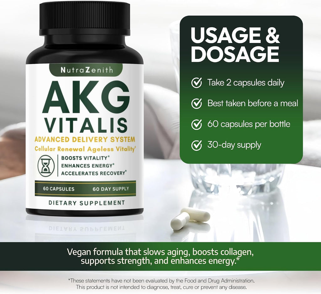 Arazo Nutrition AKG Suplemento Antiedad y Energía con Vitamina B6, Vitamina C y L-Arginina - 60 Cápsulas