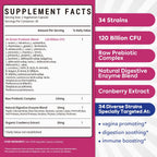 Probióticos para Mujeres, 120 mil millones UFC, 34 cepas, Prebióticos, Enzimas Digestivas, Arándano rojo, 4-en-1 Probiótico Femenino, Apoyo Digestivo, Vaginal e Inmunológico, 30 cápsulas