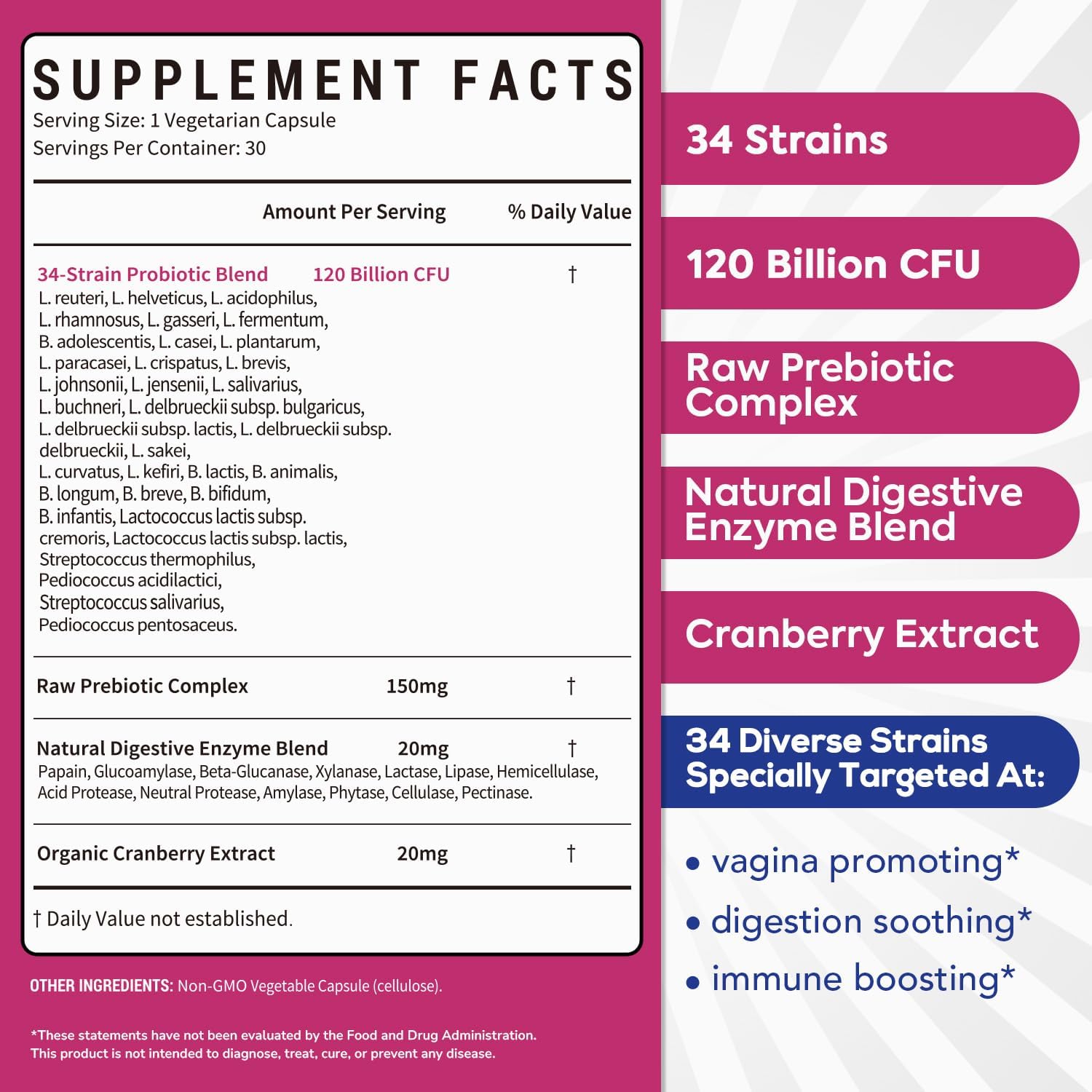 Probióticos para Mujeres, 120 mil millones UFC, 34 cepas, Prebióticos, Enzimas Digestivas, Arándano rojo, 4-en-1 Probiótico Femenino, Apoyo Digestivo, Vaginal e Inmunológico, 30 cápsulas