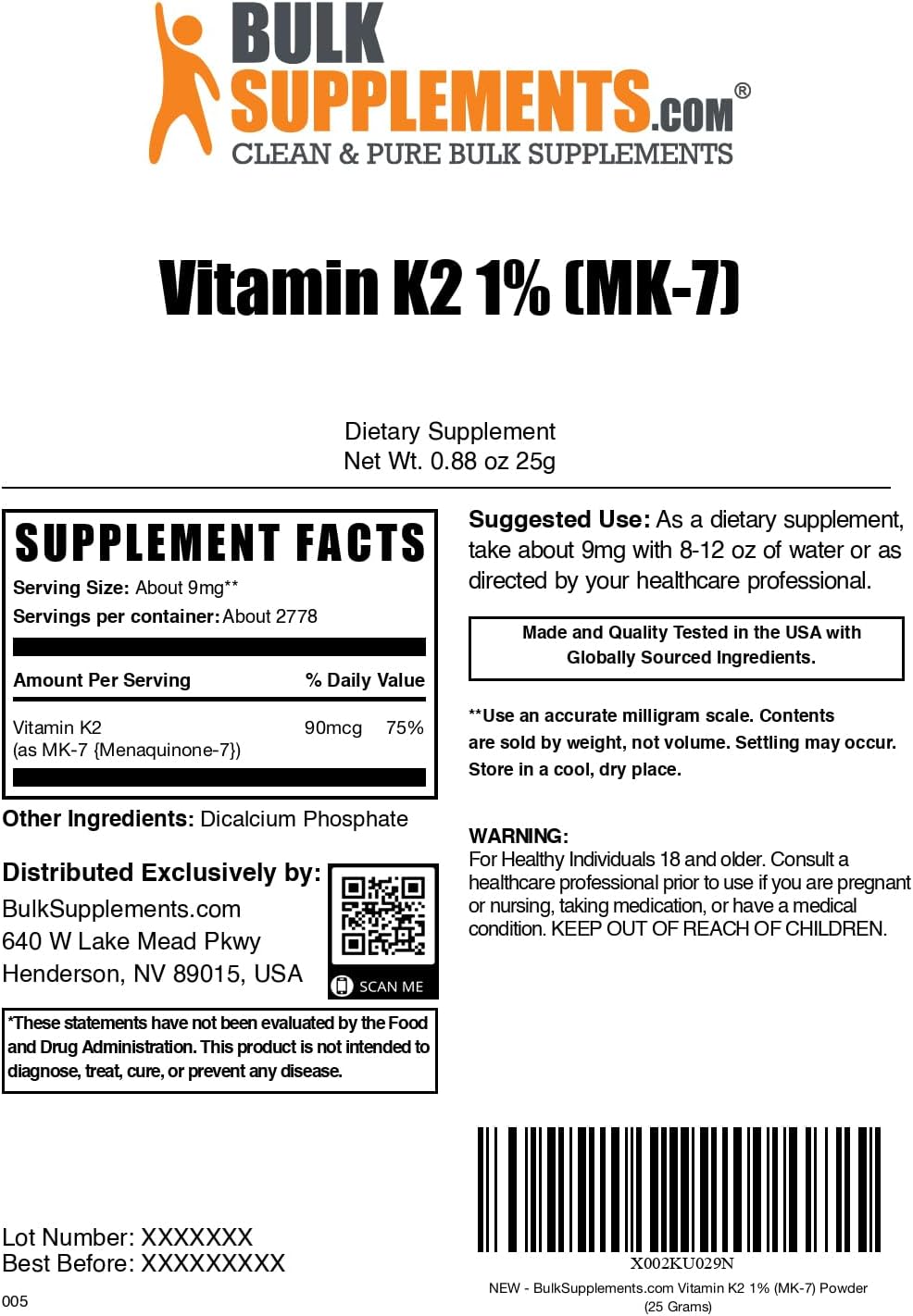Vitamina K2 (MK-7) en Polvo – 25g – BulkSupplements