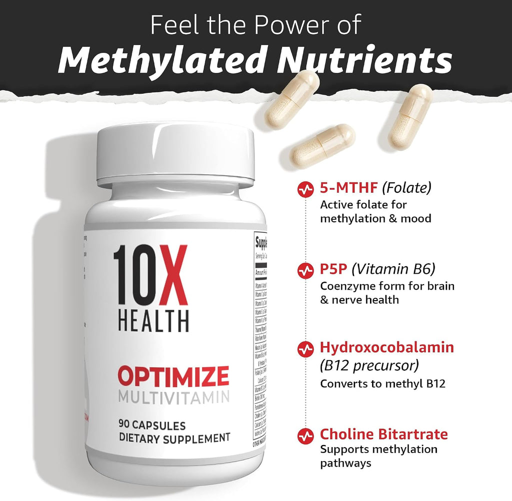 10X Health Optimize Multivitamínico Metilado para Hombres y Mujeres - 90 Cápsulas, Fórmula 34 en 1 con 800 mcg de Vitamina B12, 5-MTHF, NAC - Complejo B Metilado