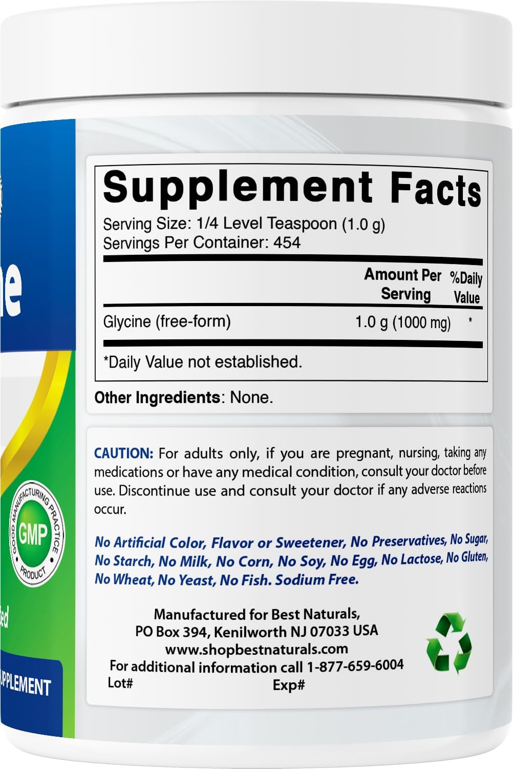 Best Naturals Glycine Powder 1 LB - Apoyo a Neurotransmisores y Relajación