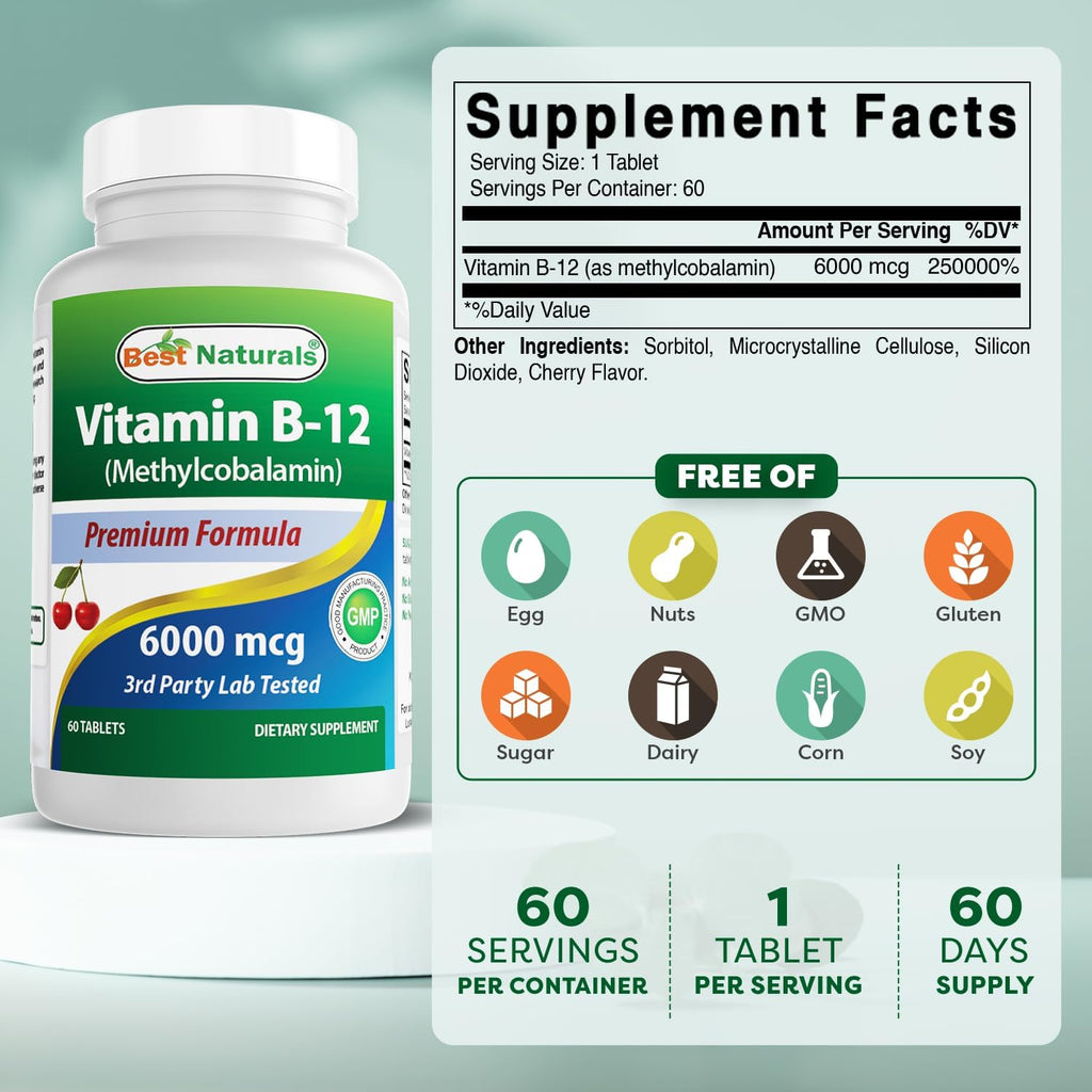 Best Naturals Vitamina B12 Metilcobalamina 6000 mcg - 60 Cápsulas