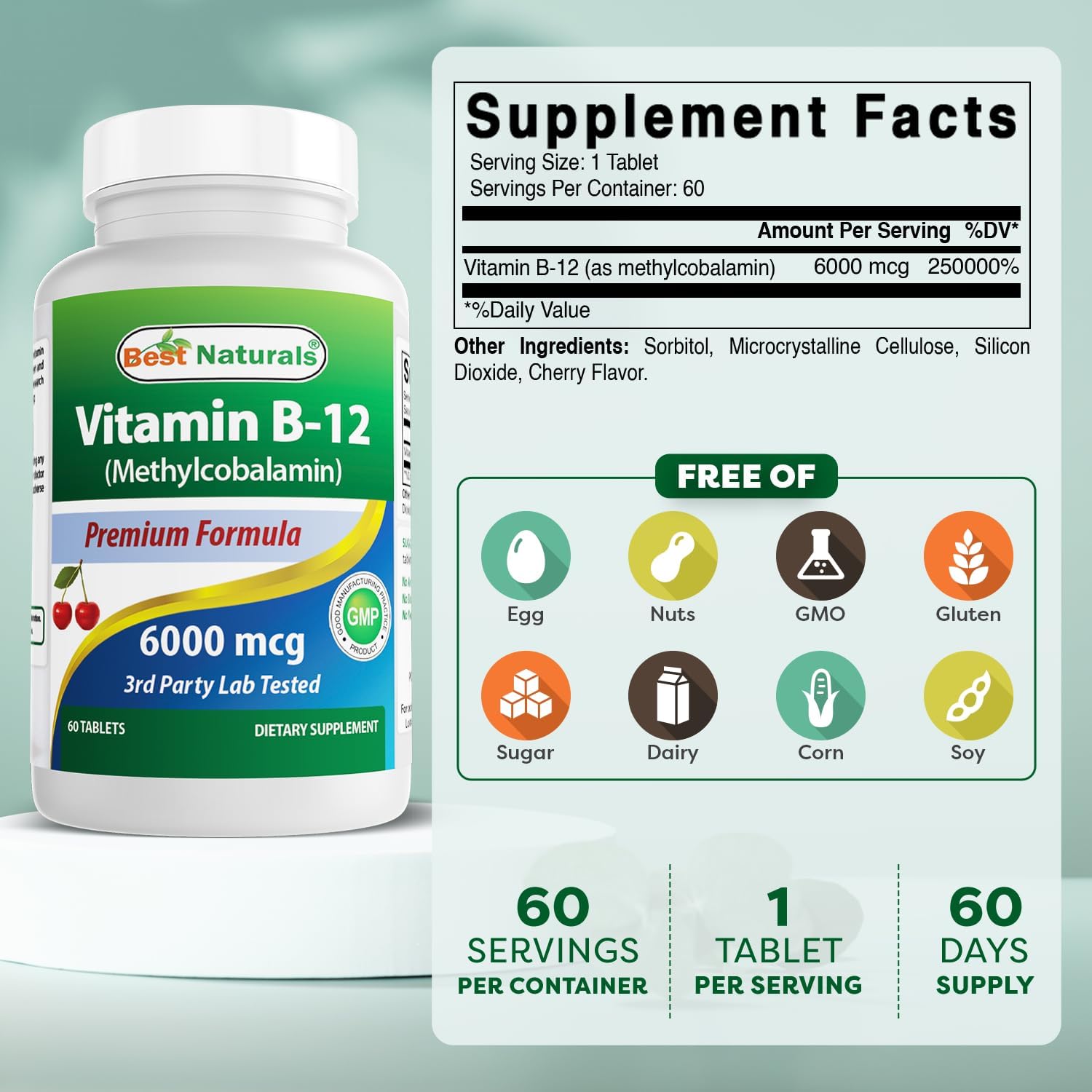 Best Naturals Vitamina B12 como Metilcobalamina 6000 mcg – 60 Comprimidos Sublinguales (Paquete de 2)
