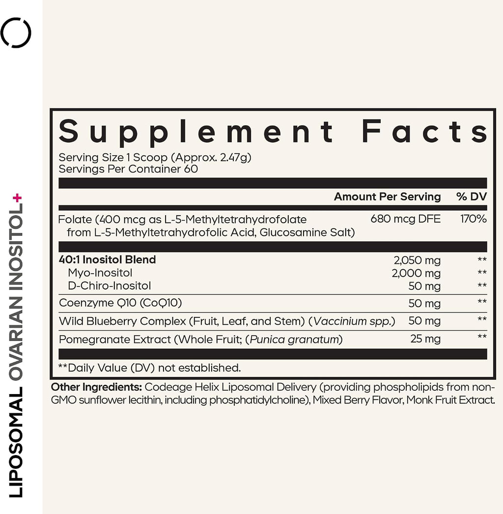 Codeage Liposomal Ovarian Inositol Powder - Myo-Inositol & D-Chiro-Inositol 40:1, Folato 5-MTHF, CoQ10, Granada y Arándano - 60 Servicios - Sabor a Bayas