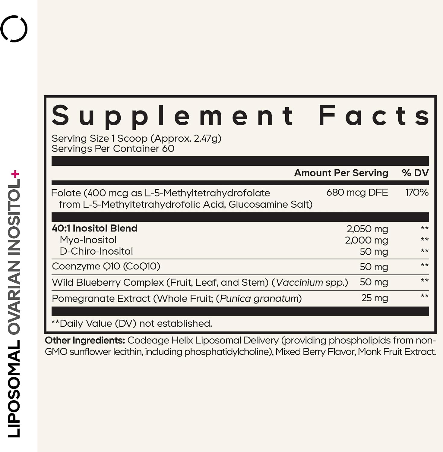 Codeage Liposomal Ovarian Inositol Powder - Myo-Inositol & D-Chiro-Inositol 40:1, Folato 5-MTHF, CoQ10, Granada y Arándano - 60 Servicios - Sabor a Bayas