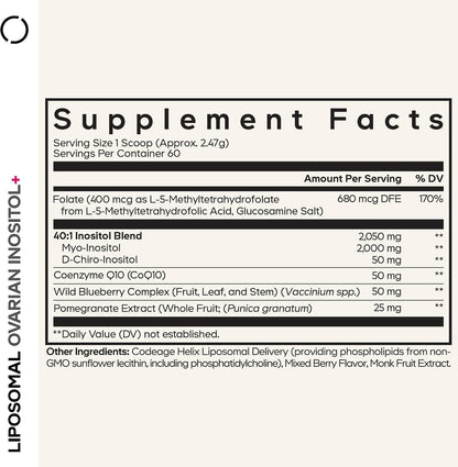 Codeage Liposomal Ovarian Inositol Powder - Myo-Inositol & D-Chiro-Inositol 40:1, Folato 5-MTHF, CoQ10, Granada y Arándano - – Image 2
