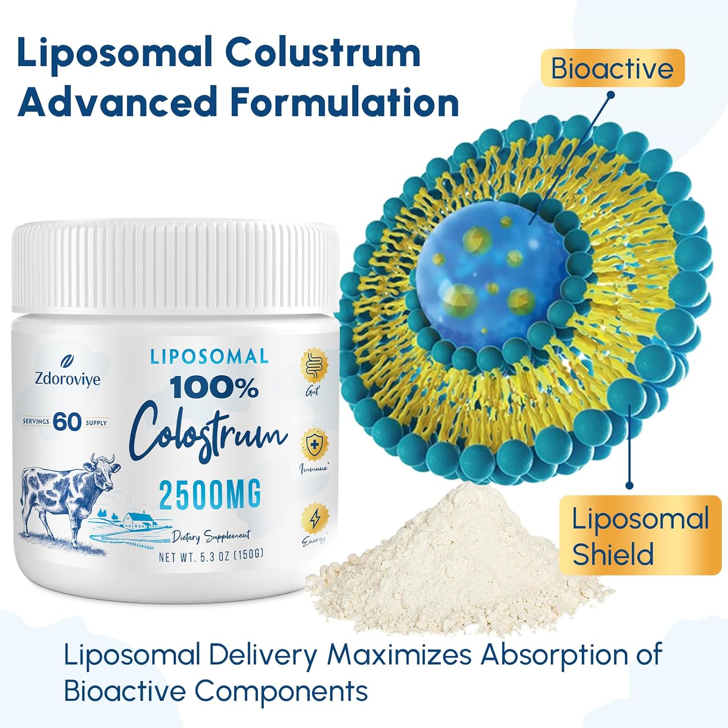 Zdoroviye Liposomal Bovine Colostrum Powder Supplement 2500 mg, 60 Servings