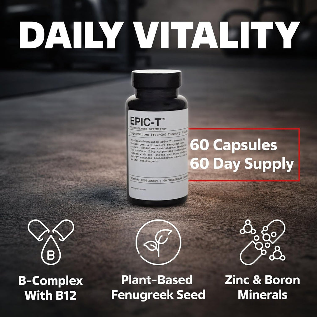 EPIC-T Apoyo Testosterona para Hombres | Testosurge® Fenugreek, Complejo B, Zinc, Boro, Rhodiola | Vegano, No Transgénico | 60 Cápsulas