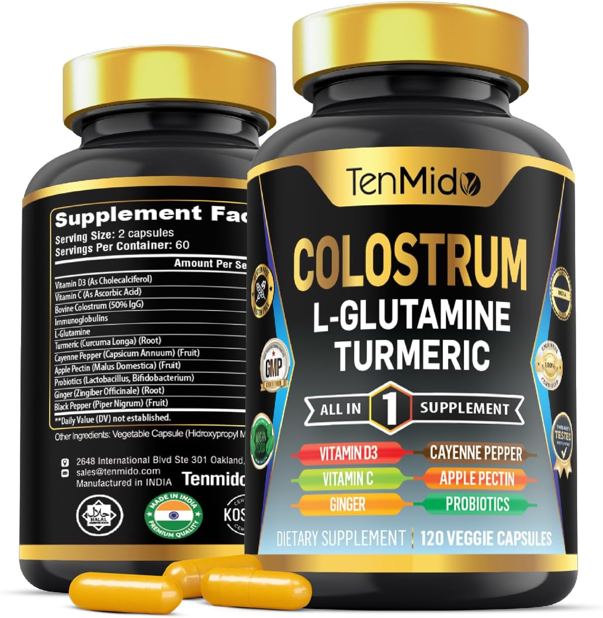 Suplemento de Calostro 10 en 1 con L-Glutamina, Cúrcuma y Probióticos - 120 Cápsulas