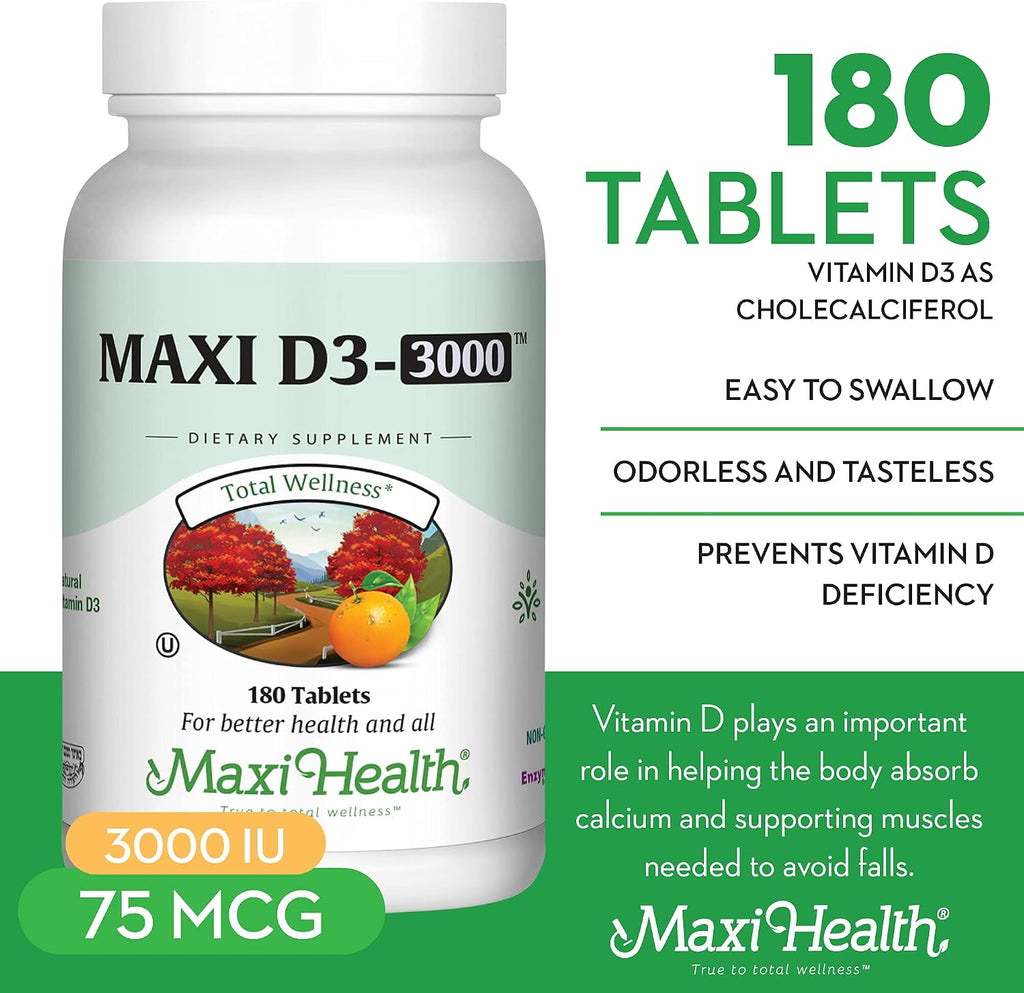 Maxi Health Vitamina D3 3000 UI 75 mcg Suplemento de vitamina D para huesos, dientes, sistema inmunitario - Suplemento de D3 fácil de tragar, no transgénico, kosher (180 comprimidos)