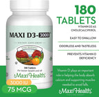 Maxi Health Vitamina D3 3000 UI 75 mcg Suplemento de vitamina D para huesos, dientes, sistema inmunitario - Suplemento de D3 fácil de tragar, no transgénico, kosher (180 comprimidos)