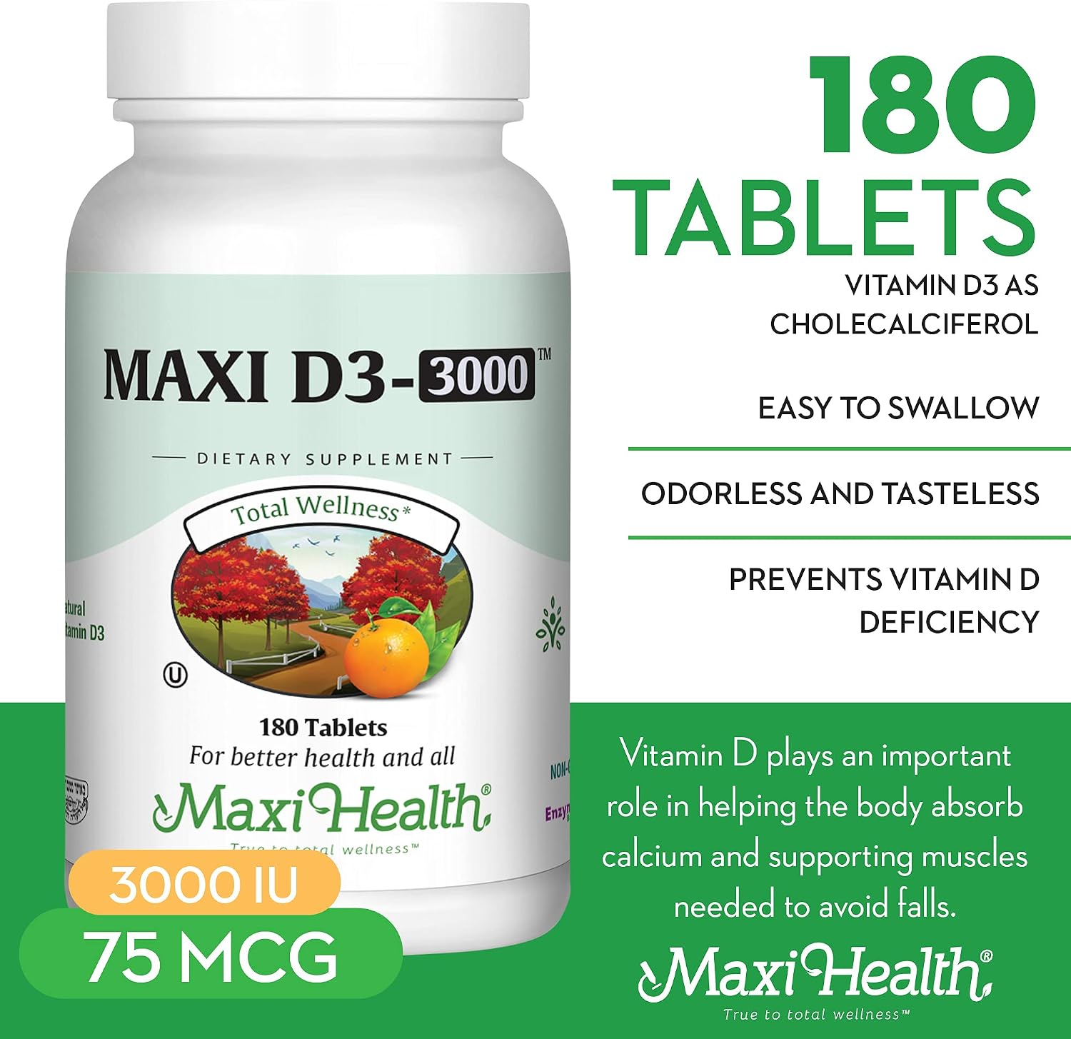 Maxi Health Vitamina D3 3000 UI 75 mcg Suplemento de vitamina D para huesos, dientes, sistema inmunitario - Suplemento de D3 fácil de tragar, no transgénico, kosher (180 comprimidos)