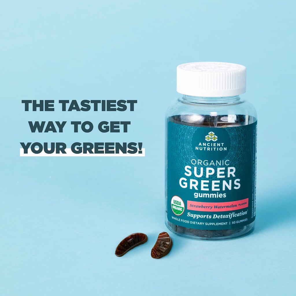 Ancient Nutrition Supergreens Gummy - Gominola Orgánica de Superalimentos con Frutas, Verduras y Hierbas Reales, 100 unidades, Sabor Fresa Sandía