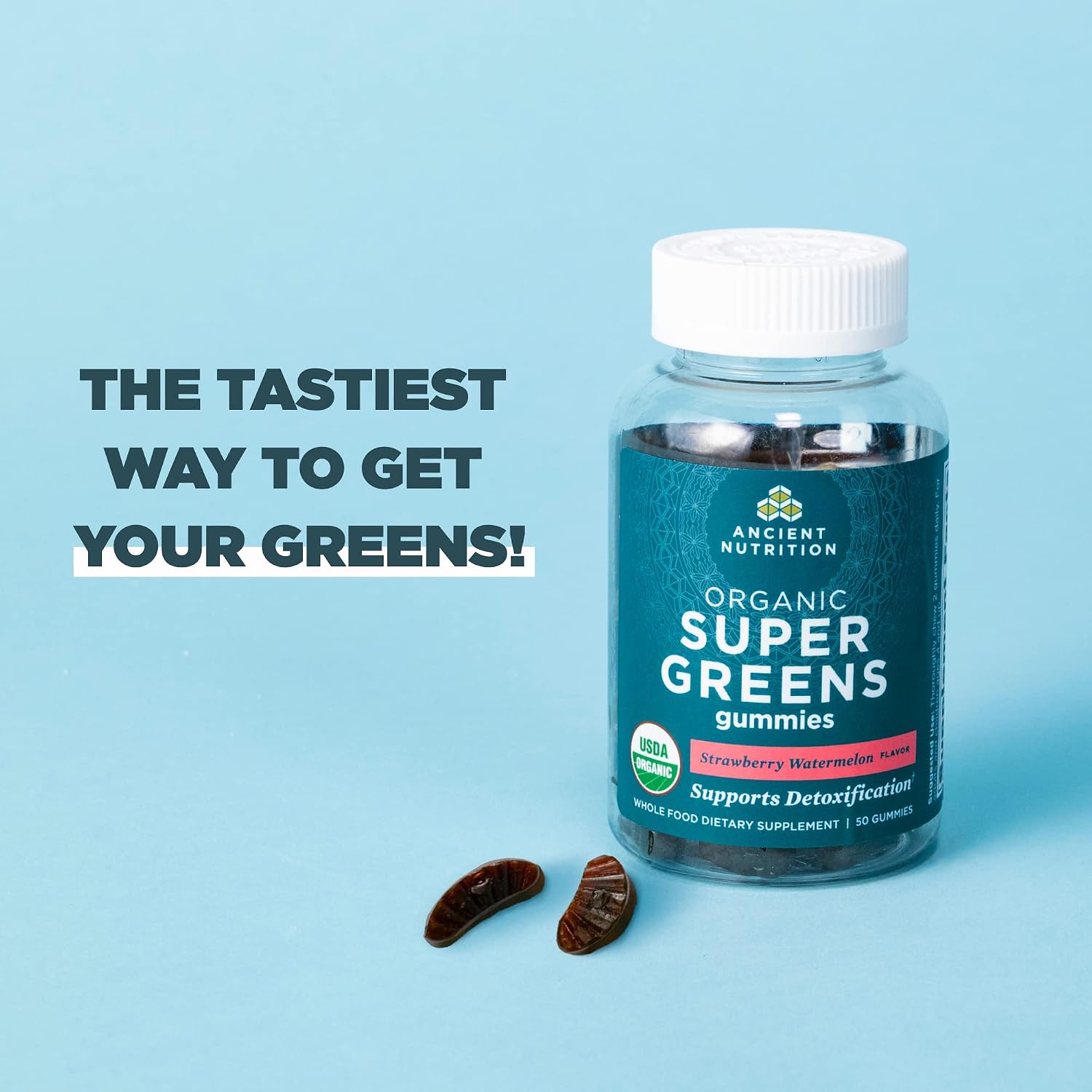 Ancient Nutrition Supergreens Gummy - Gominola Orgánica de Superalimentos con Frutas, Verduras y Hierbas Reales, 100 unidades, Sabor Fresa Sandía