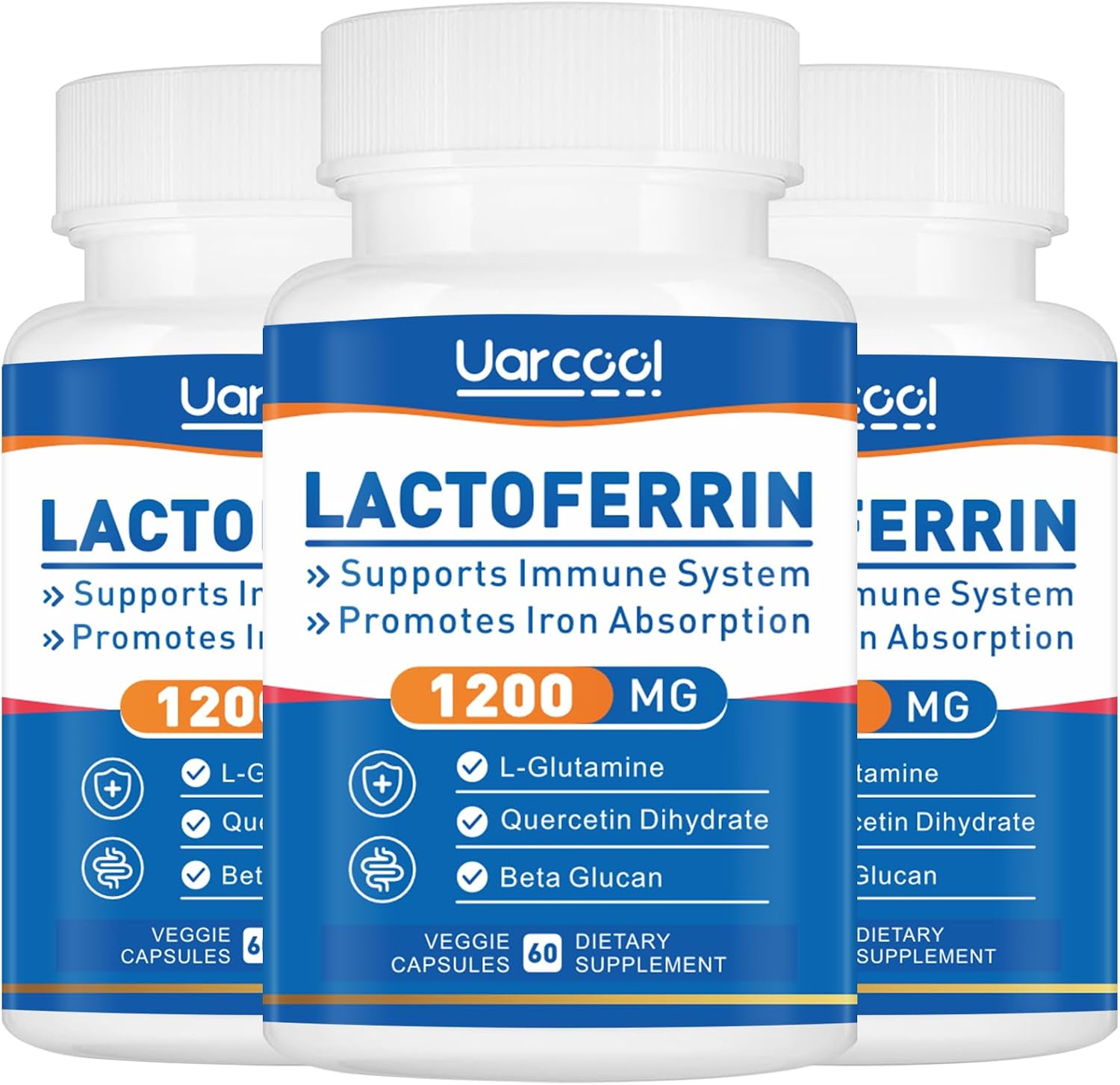 Uarcool Lactoferrina 1200 mg con L-Glutamina, Quercetina, Beta Glucano, Zinc y Vitamina C - 180 Cápsulas (3 Envases)