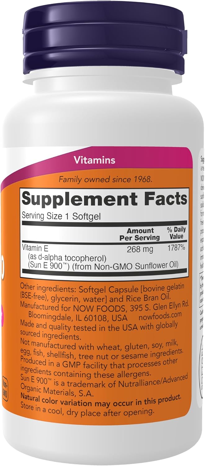 NOW Foods Sun-E 400 UI Vitamina E con d-alfa Tocoferol de Aceite de Girasol No Transgénico, 60 Cápsulas Blandas