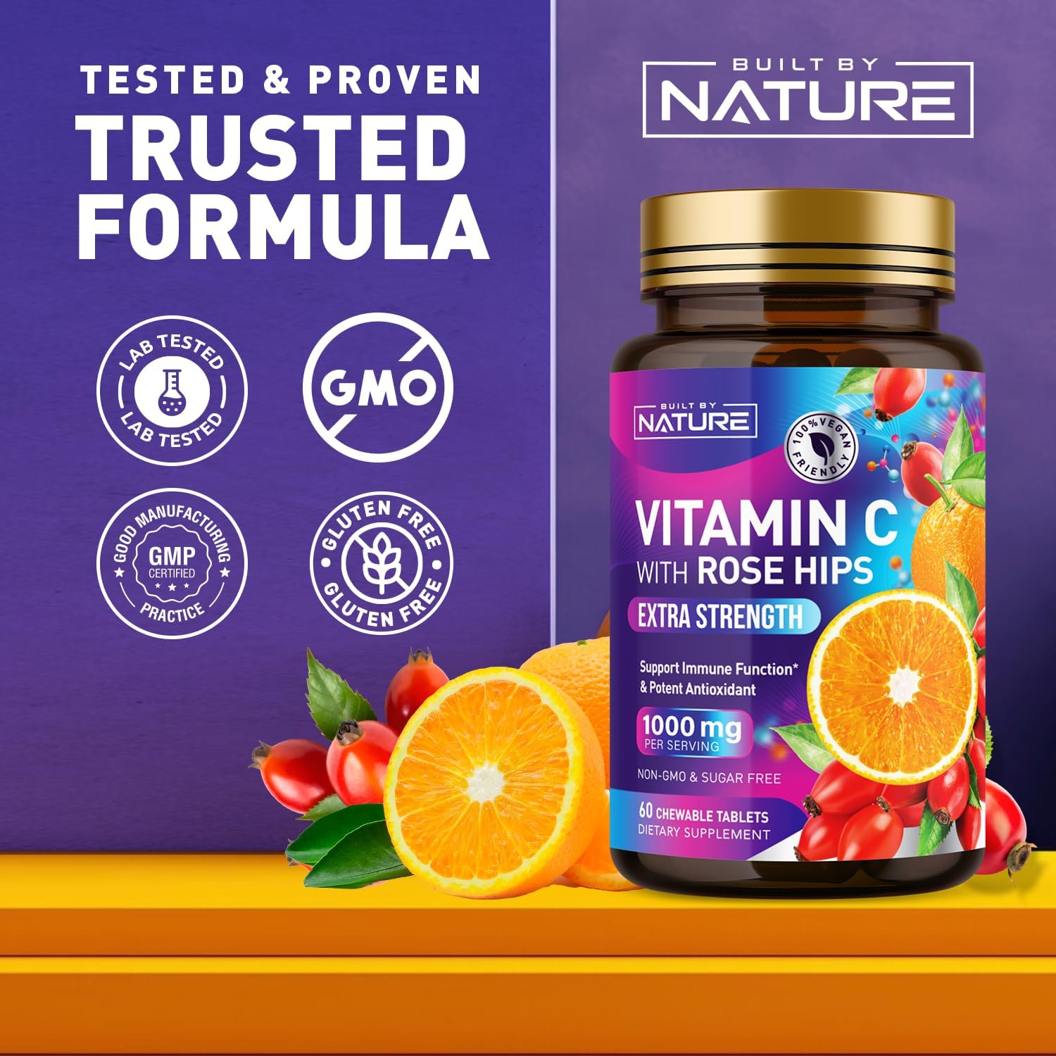 Built by Nature Vitamina C Masticable con Escaramujo - 1000 mg - Sabor Naranja - 60 Comprimidos