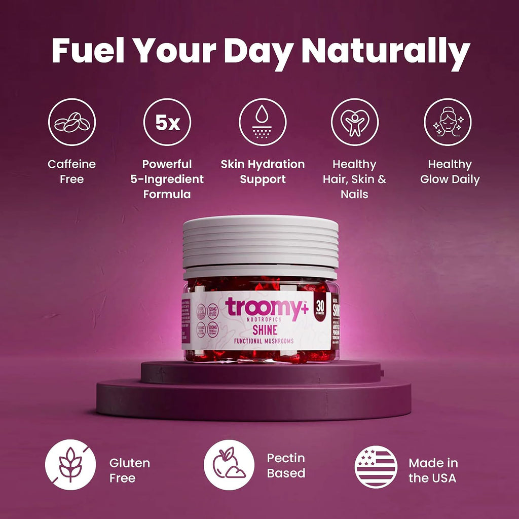 Troomy Shine Gominolas de Tremella con Biotina y Colágeno para Cabello, Piel y Uñas - Sabor Melocotón Blanco y Granada - 30 Gomitas