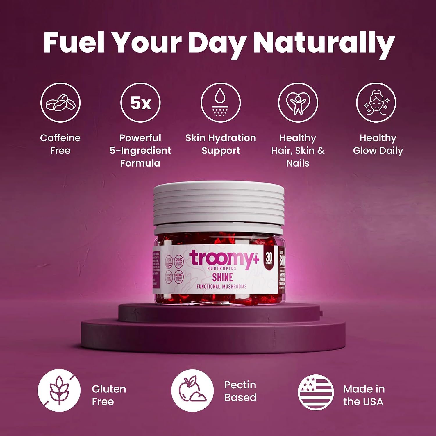 Troomy Shine Gominolas de Tremella con Biotina y Colágeno para Cabello, Piel y Uñas - Sabor Melocotón Blanco y Granada - 30 Gomitas