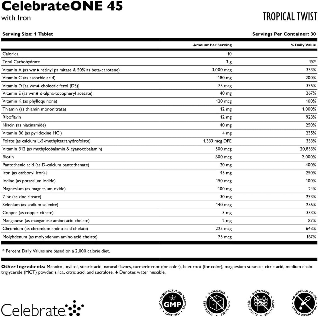 CelebrateONE 45 Multivitamínico Bariátrico con Hierro - Masticable Sabor Tropical - 30 Comprimidos