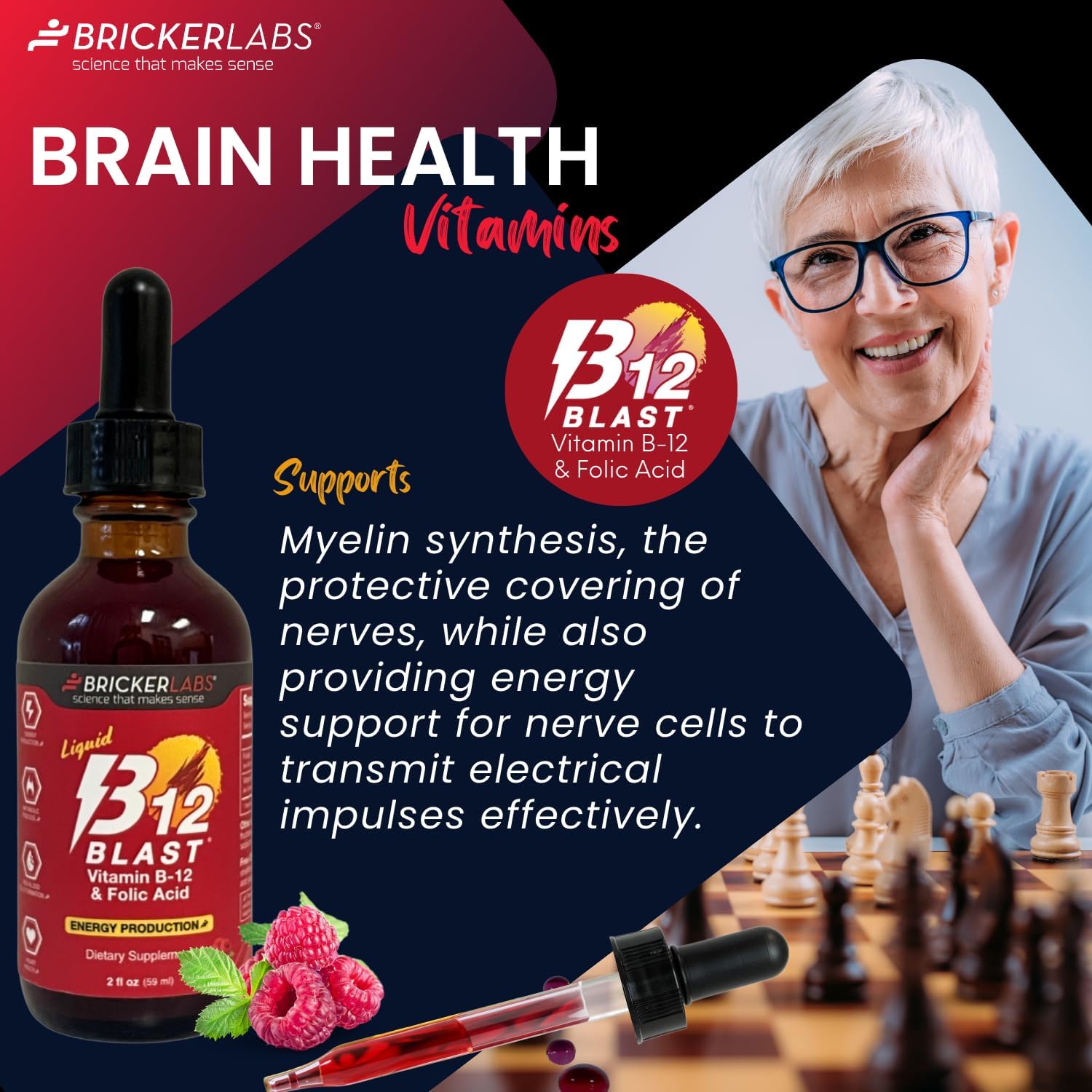 Bricker Labs B-12 Blast Vitamina B12 Líquida con Ácido Fólico, 59 ml