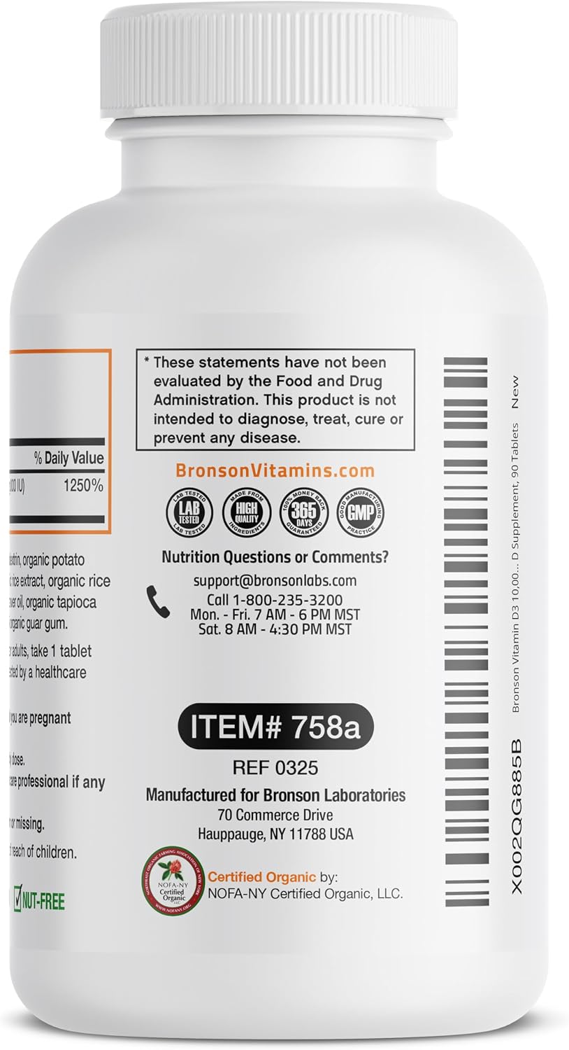 Bronson Vitamina D3 10,000 UI Suplemento Orgánico No-GMO, 90 Comprimidos