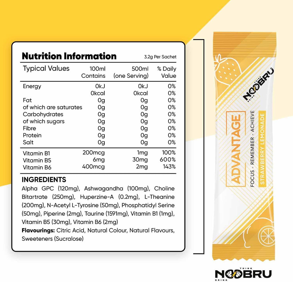 Noobru Advantage Nootropic - Suplemento de Nootrópicos con 11 Ingredientes Activos - 20 Sobres Sabor Fresa Limón