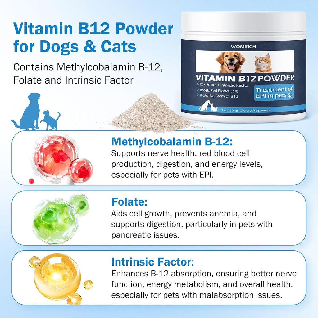 Methylcobalamin B12 en Polvo para Gatos y Perros con Folato y Factor Intrínseco