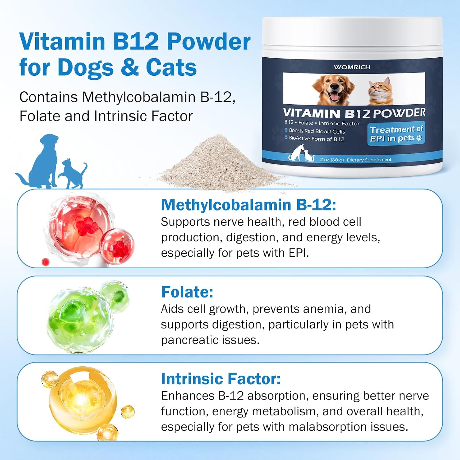 Methylcobalamin B12 en Polvo para Gatos y Perros con Folato y Factor Intrínseco