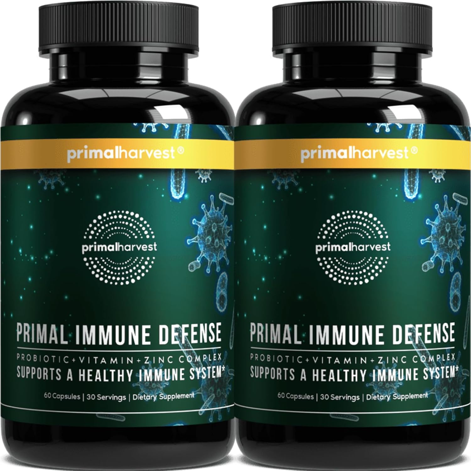Primal Harvest Primal Immune Defense: 10-en-1 Apoyo Inmunitario con Probióticos, Zinc, Vitaminas C, B6, D3 y K2 - 60 Cápsulas (Pack de 2)