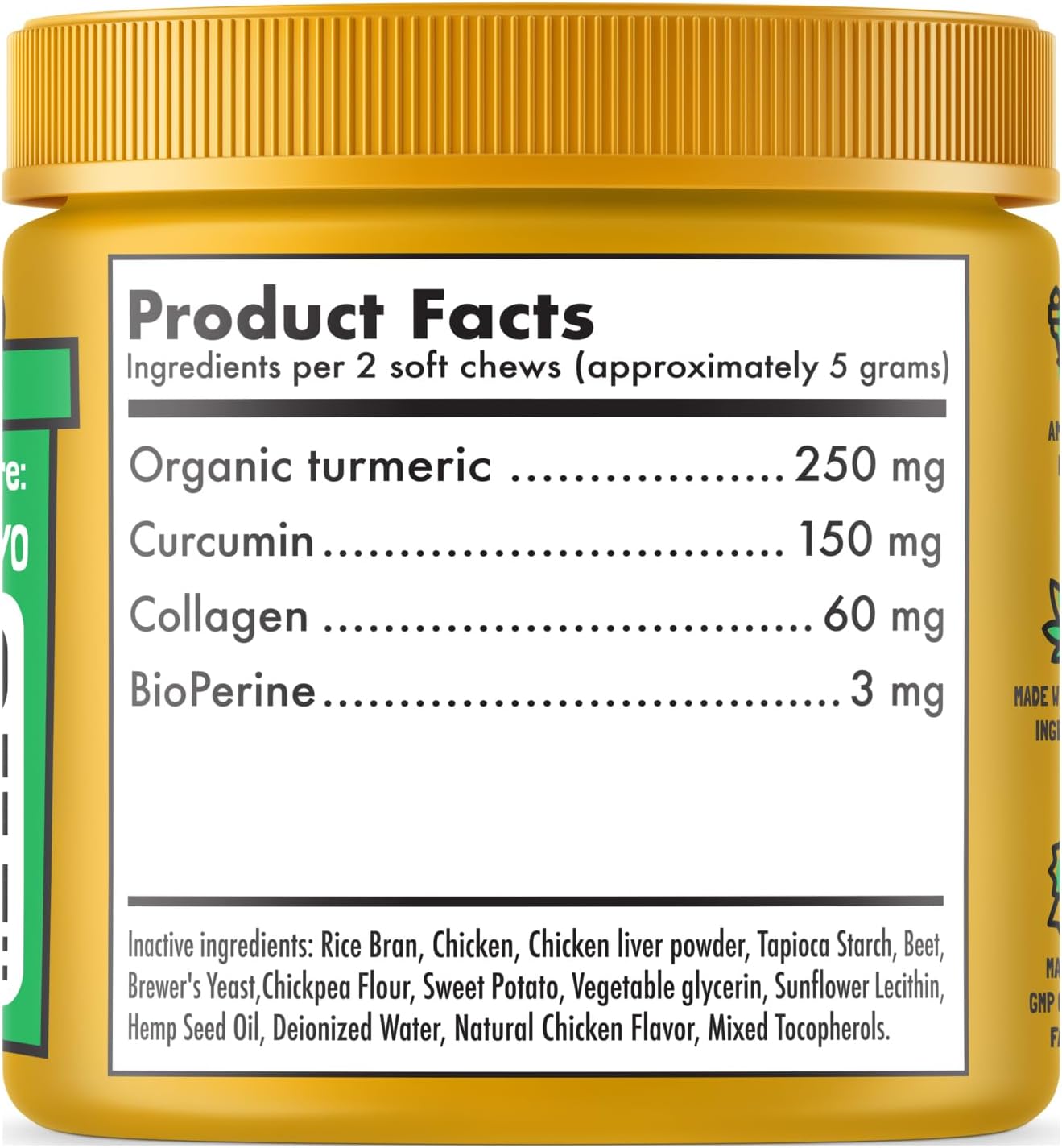 Turmeric Curcumina para Perros - Apoyo Articular y Movilidad con Colágeno y BioPerine - 120 Masticables