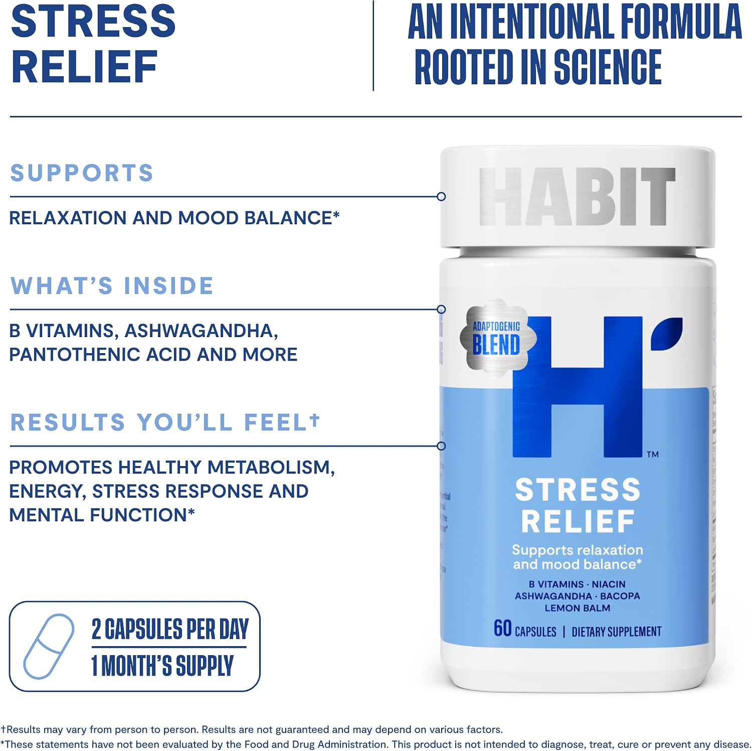 Habit Stress Relief Supplement (60 Cápsulas) - Apoya la Relajación y el Equilibrio del Estado de Ánimo, con Vitaminas B y Adaptógenos