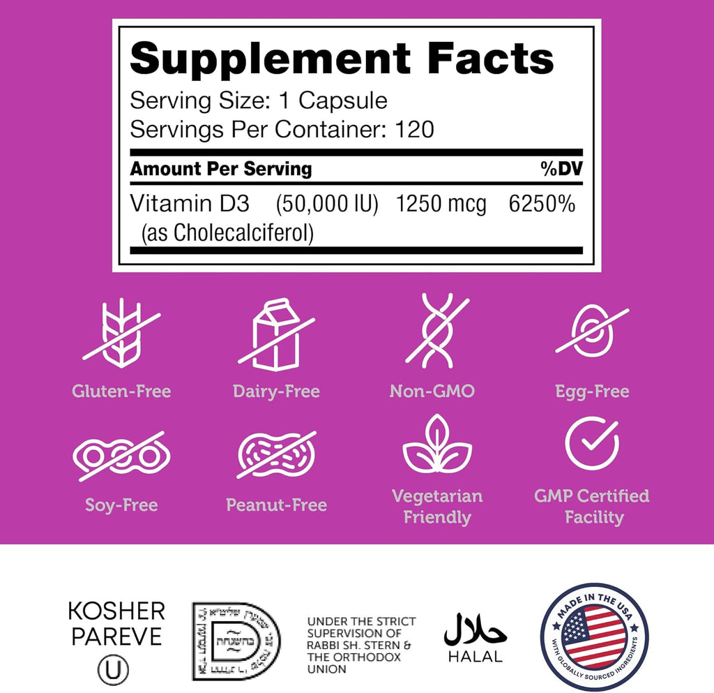 Zahler - Advanced Vitamin D3 50000 IU Cápsulas (120 unidades) - Suplemento Semanal de Vitamina D3
