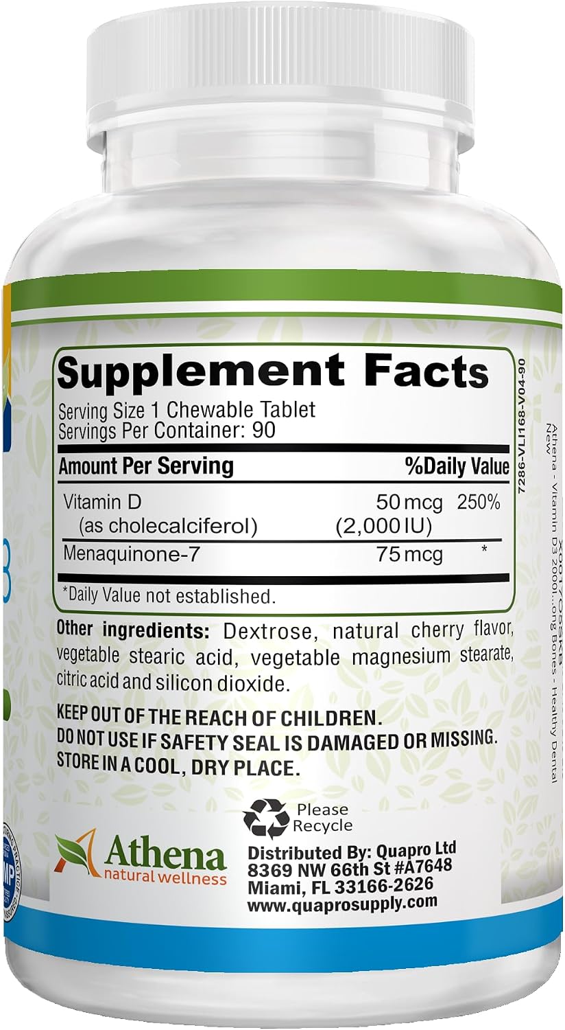 Athena - Vitamina D3 2000UI con K2 (MK7) - 90 Comprimidos Masticables