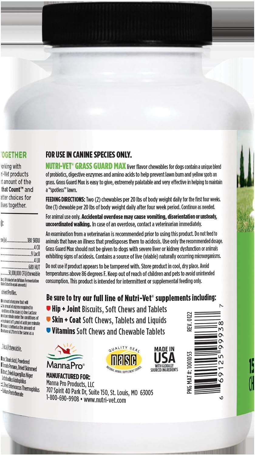 Nutri-Vet Grass Guard Masticables para Perros - Neutralizador de Orina y Apoyo Digestivo, 150 Comprimidos