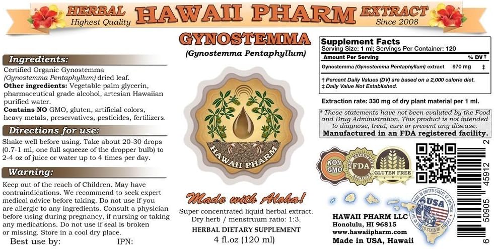 Hawaii Pharm Extracto Líquido de Gynostemma, Gynostemma Pentaphyllum, Tintura, 2x118 ml