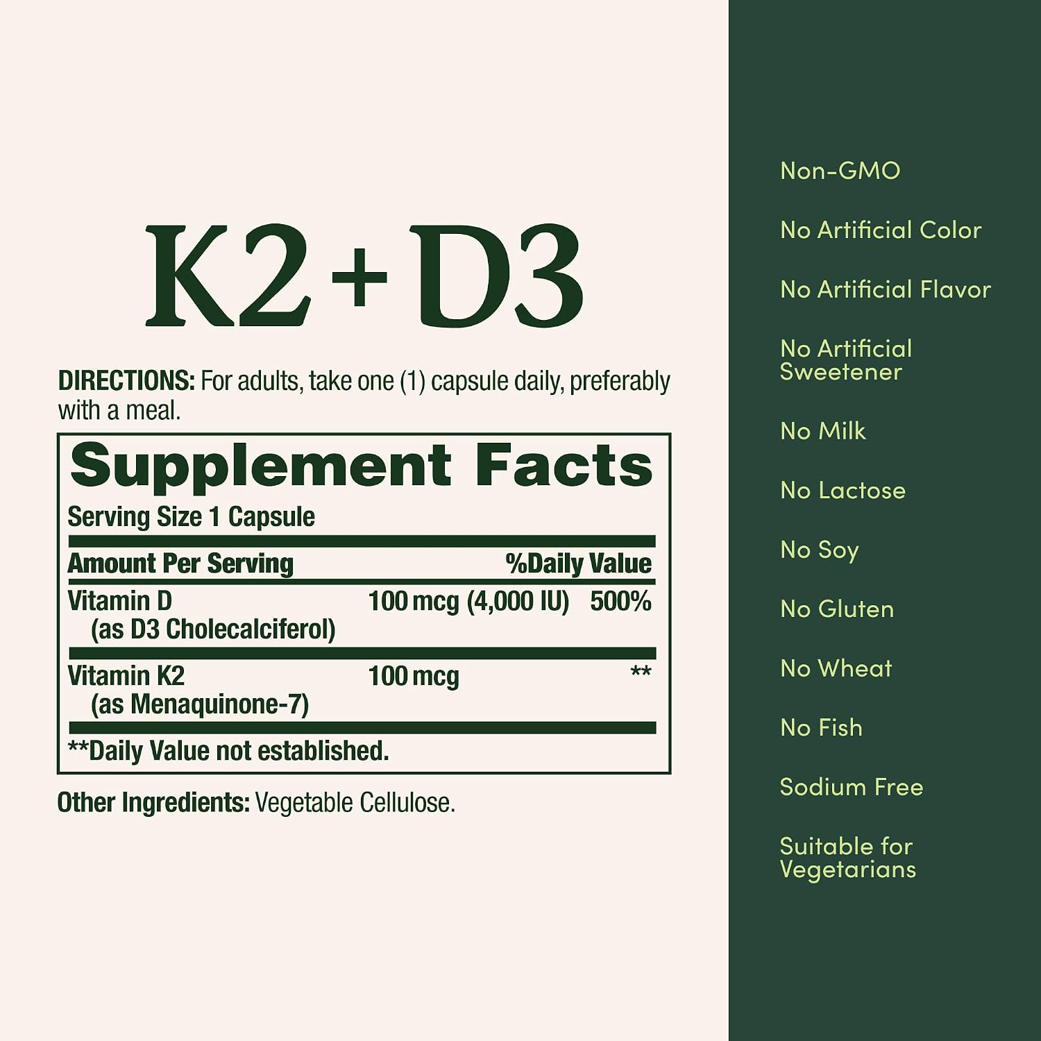 Nature's Bounty Vitamina D3 + K2, 4000 UI D3 + 100 mcg K2, 30 Cápsulas Vegetales